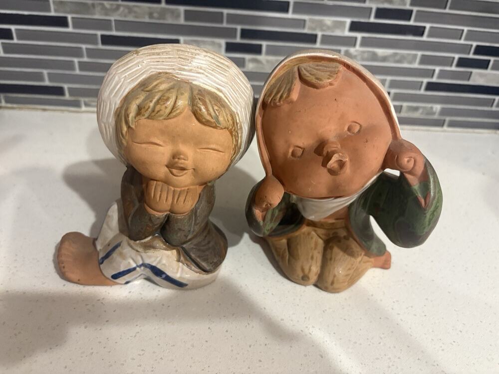Pair of Vintage Hankyu Figurines Japan Glazed Terracotta Pottery Boy & Girl
